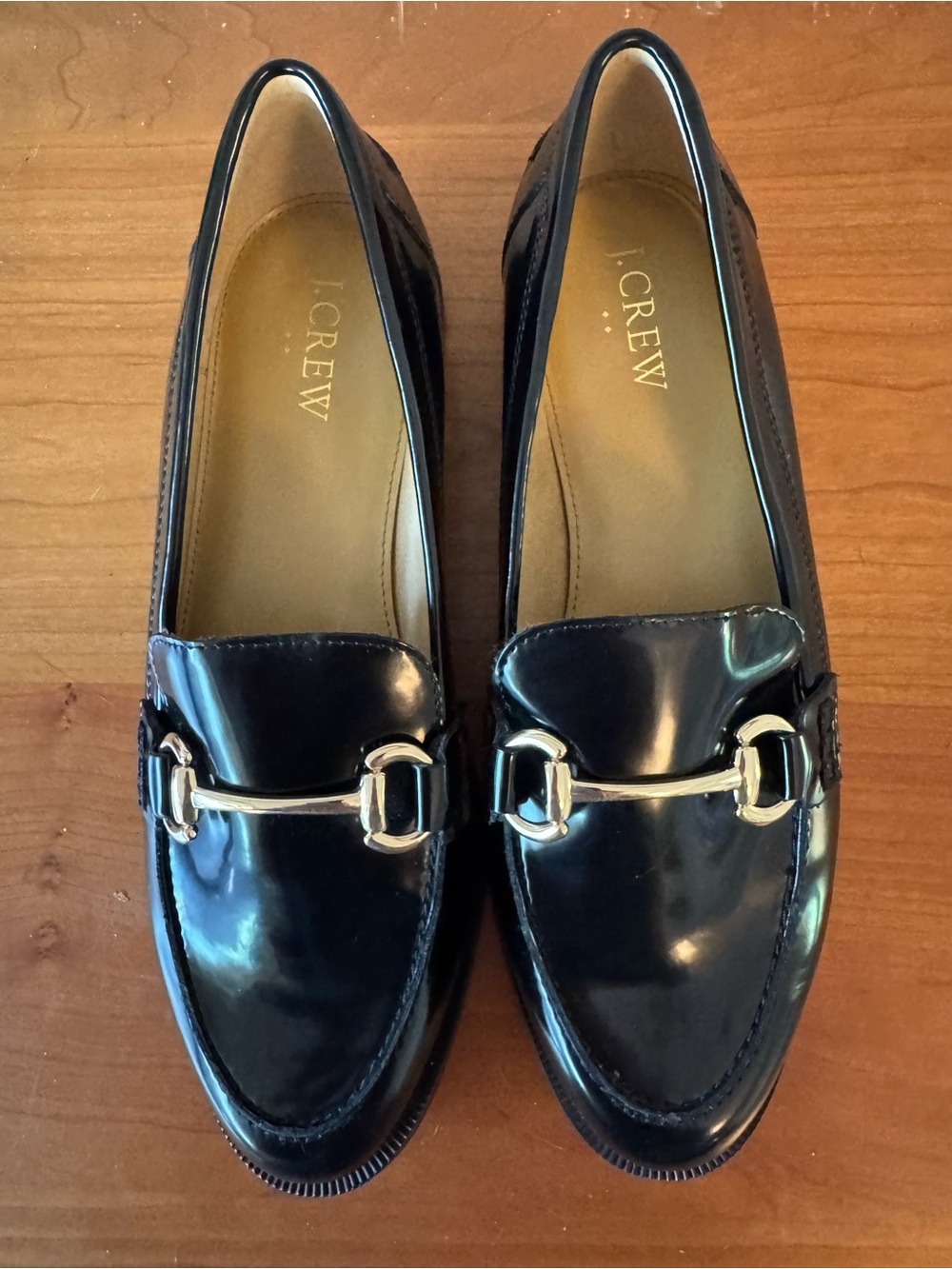 J. Crew Black Patent Leather Bit Loafers with Gold Hardware